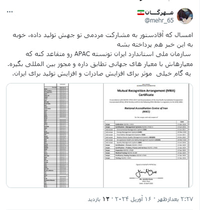 خوشحالی کاربران فضای مجازی از قرارگرفتن استاندارد ایران در تراز جهانی+عکس